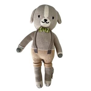 Cuddle + Kind Dog Plush Toy Handmade Knit Green Bow Tie Suspenders 12"